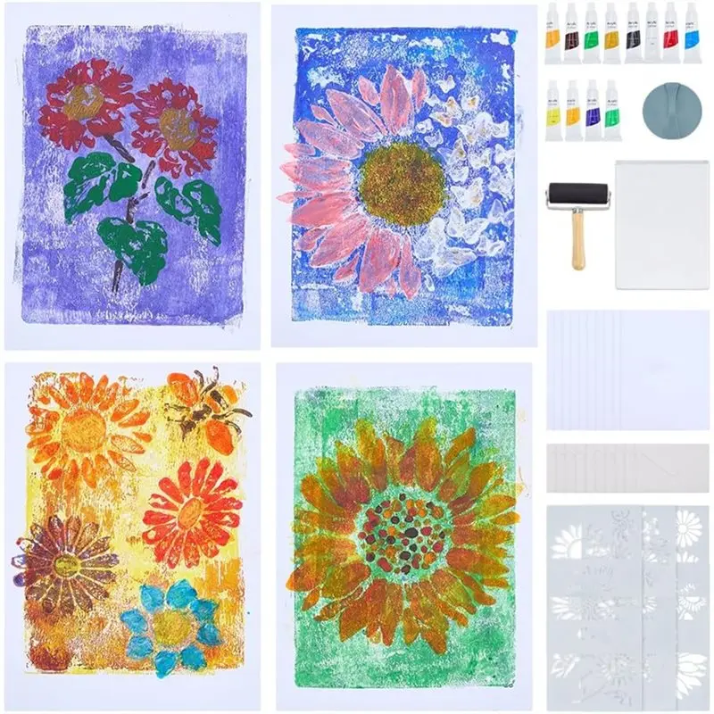 

T21C Complete DIY Printmaking Kit For Beginner- 10 Sets Gel Printing Plates, 5" X 7" Plate, A5 Paper& Paints For Art Creation