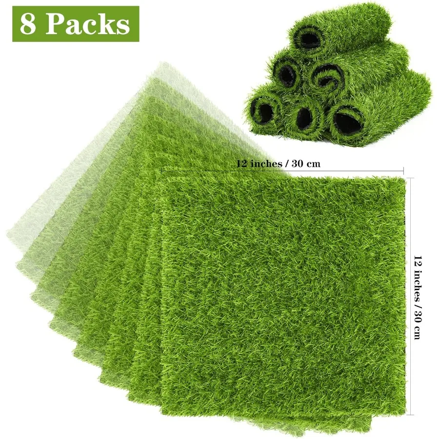 8 عبوات من حصيرة العشب الاصطناعي مقاس 12 × 12 بوصة مربعات بلاط عشب صناعي للحديقة رقعة عشب وهمية مع ثقب صرف واقعي