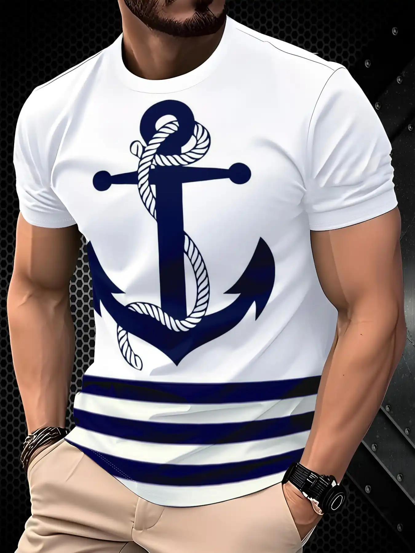 New men's short-sleeve T-shirt, loose-fitting and tailored with printed designs, versatile basic crew-neck top suitable for spri