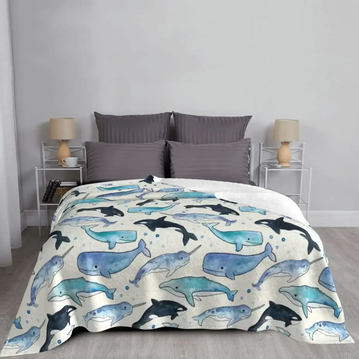 Whales Orcas & Narwhals Small Size Flannel Throw Blanket for Couch Sofa Bed Plaid Blanket Cozy Fuzzy Soft Lightweight Blankets