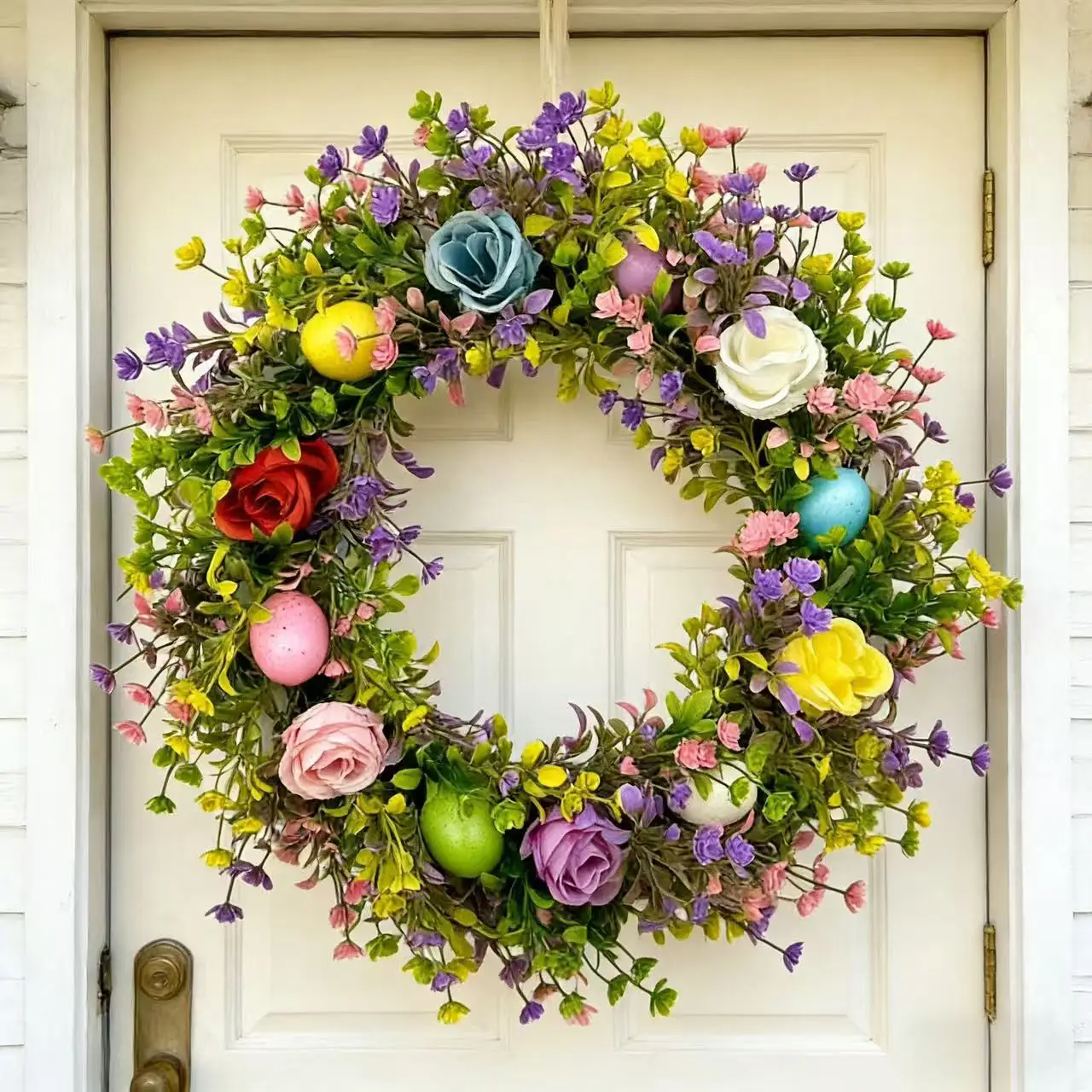 

Новый пасхальный венок 2026 года, 45 см, с яйцами, розами и эвкалиптом, имитация пасхального декора