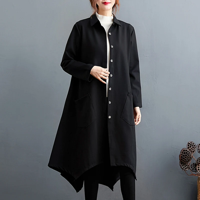 ピュアカラーAラインコットンポリエステルウィンドブレーカージャケットプラスサイズレディースロングスリーブターンダウンカラーボタン付きミッドレングスダブル...