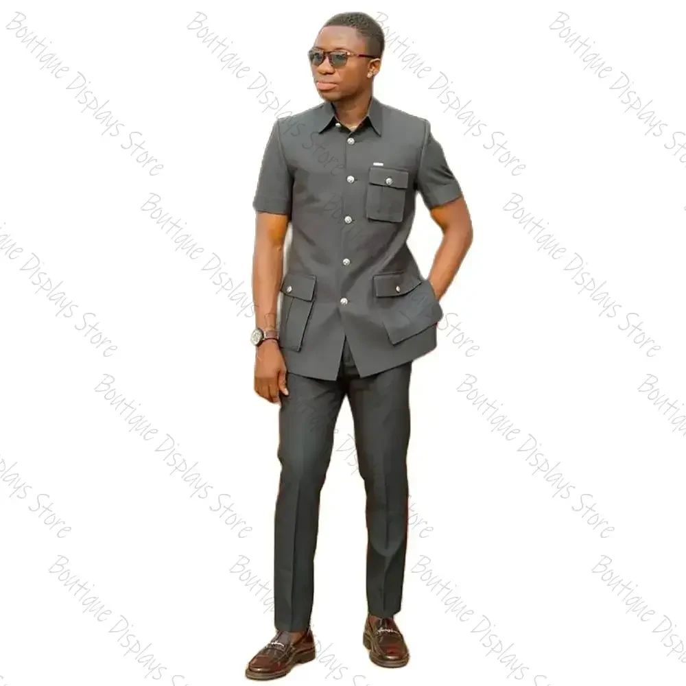 Three Pockets Lapel Single Breasted Men Suit Two-pieces(Short Blazer+Pants)Fashion Casual Party Prom Wedding Set
