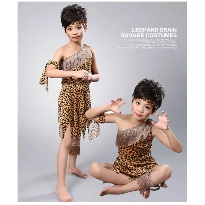 Children Savage Caveman Costumes Boy Leopard African Tribal Hunter Clothing For Girl Performance Cosplay Dress B12