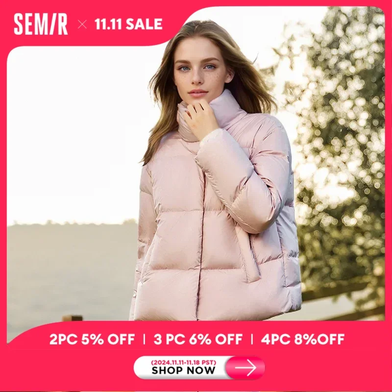 Semir Down Jacket Women Three-Proof Solid Color Stand-Up Collar Loose Simple Winter 2024 New Versatile Goose Warm Down Jacket