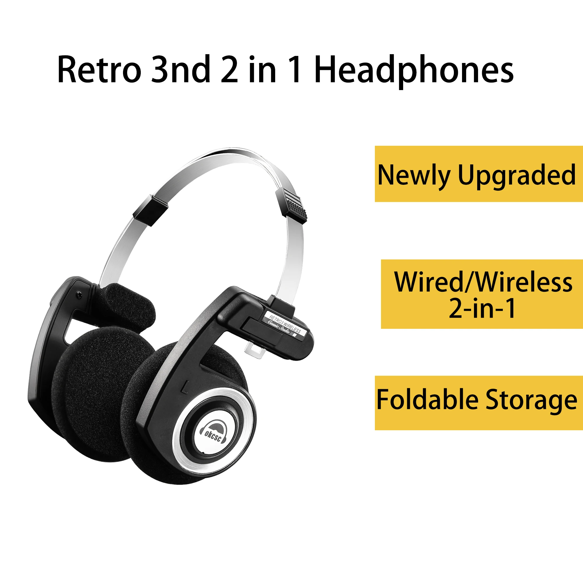 OKCSC Retro 3rd Generation 2 in 1 Wireless Headphones BT 5.3 40mm Drive Open-ear Noise Reduction Headset Two Connection Modes