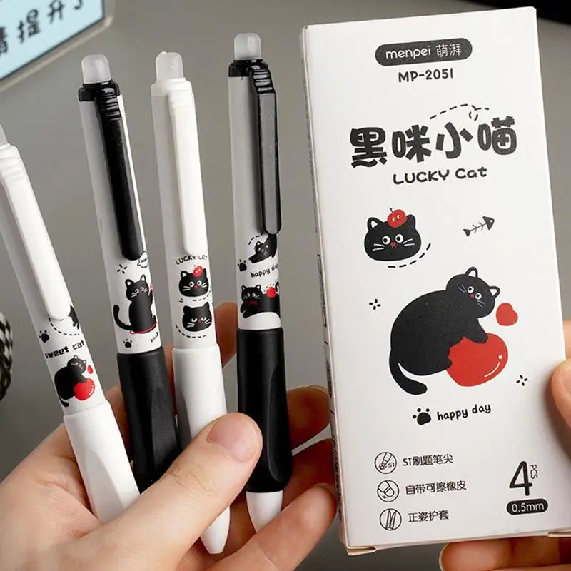 New 4PCS Push-Button Erasable Pen With Black Kitten Design High-Quality 0.5mm Thickness Suitable For Elementary School Students