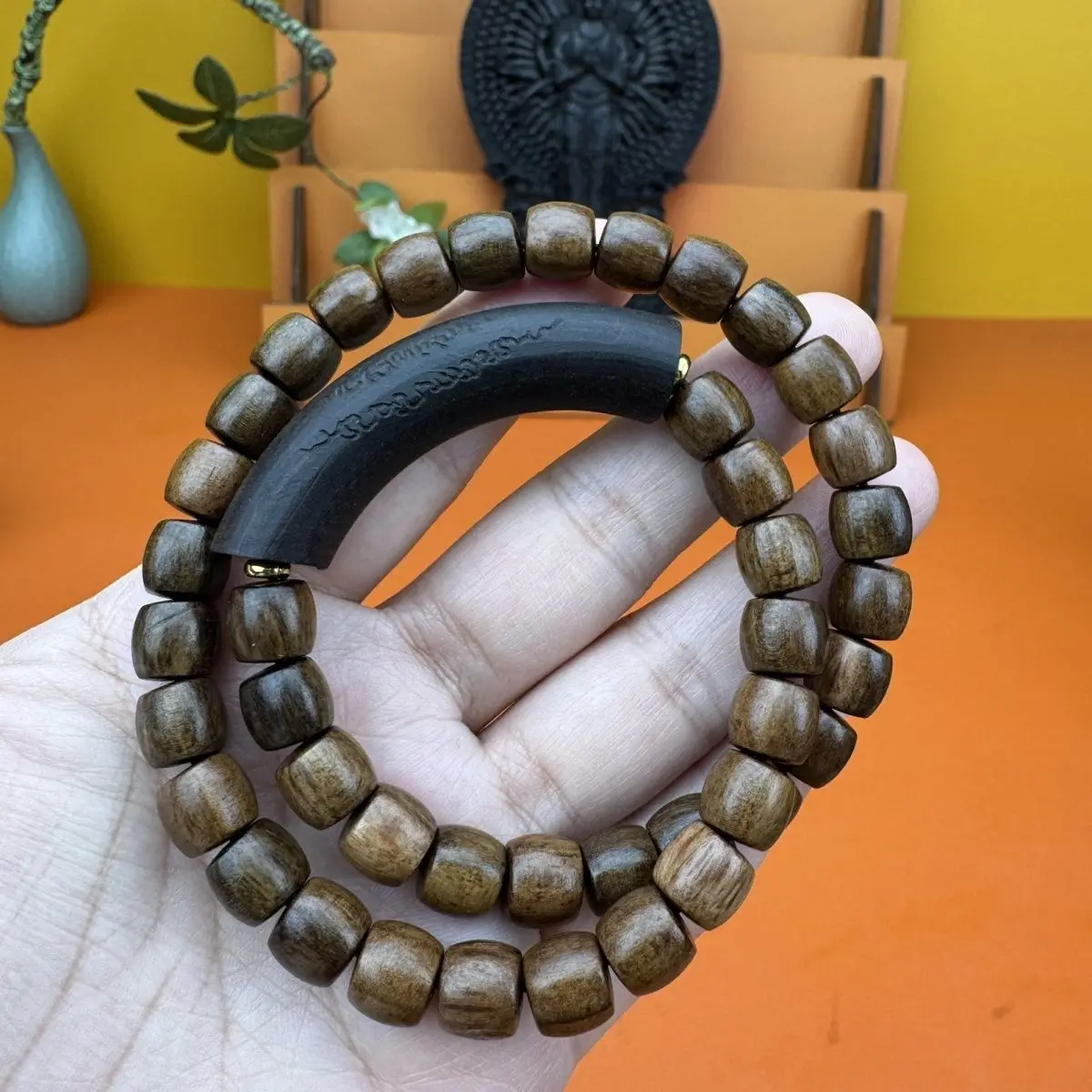 Ancient Hardwood Carved Beads Strand, Natural Solid Wood Bracelet, Handmade Boho Jewelry for Men & Women