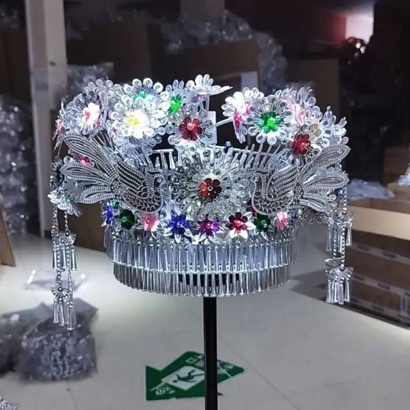 Metal Miao Silver Hat Female Ethnic Minority Headdress Tassel Headwear Stage Performance Headgear Carnival Festival Dancer Wear