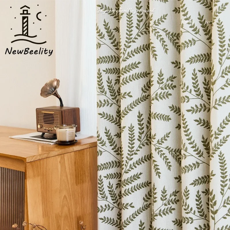 Fresh Green Leaf Jacquard Curtains with Pastoral Style Cotton and Linen Texture Curtains for Living Dining Room Bedroom Drapes