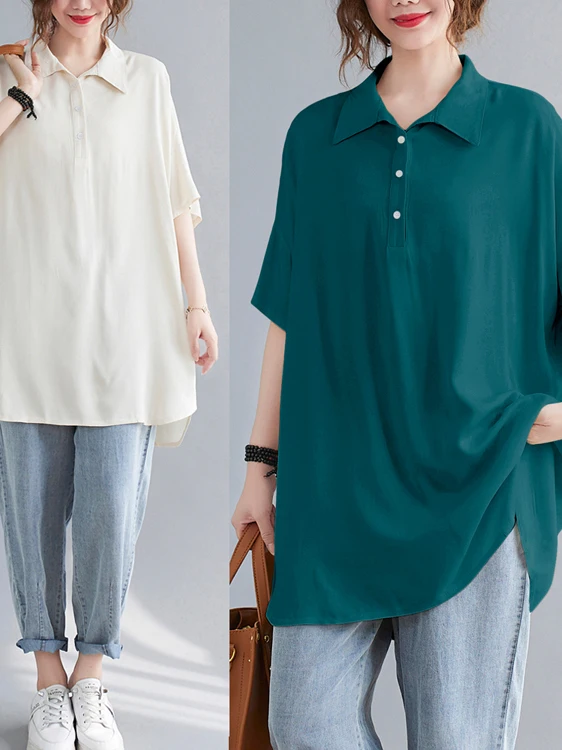 plus Size Women's Loose Fit irt Slimming Medium Length ort Sve Cover Belly Faionable Casual  Neline Summer irt