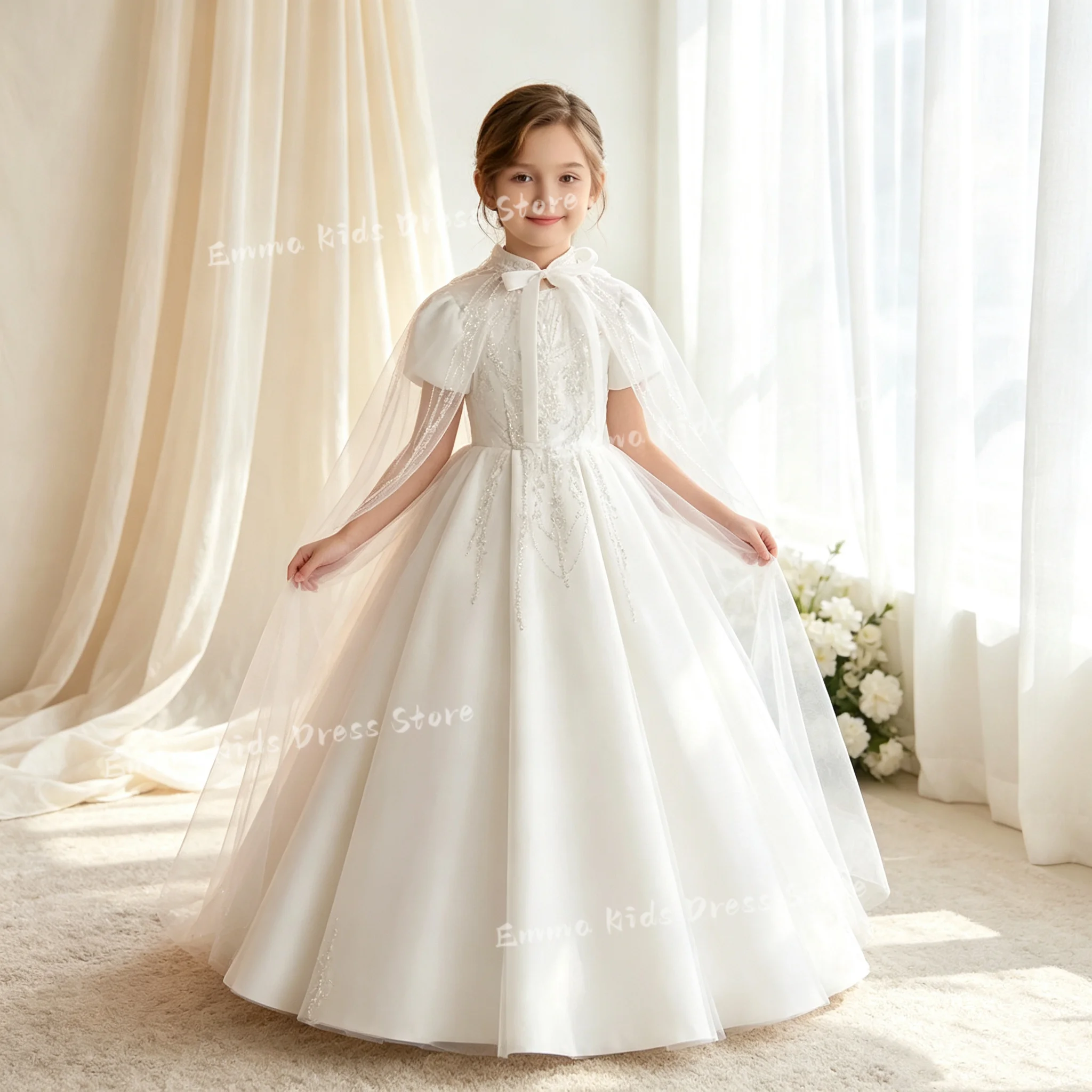 Custom White Tulle Flower Girl Dress for First Communion  Floral Crown Beaded Capelet A-Line Gown with Long Train &, Customizabl