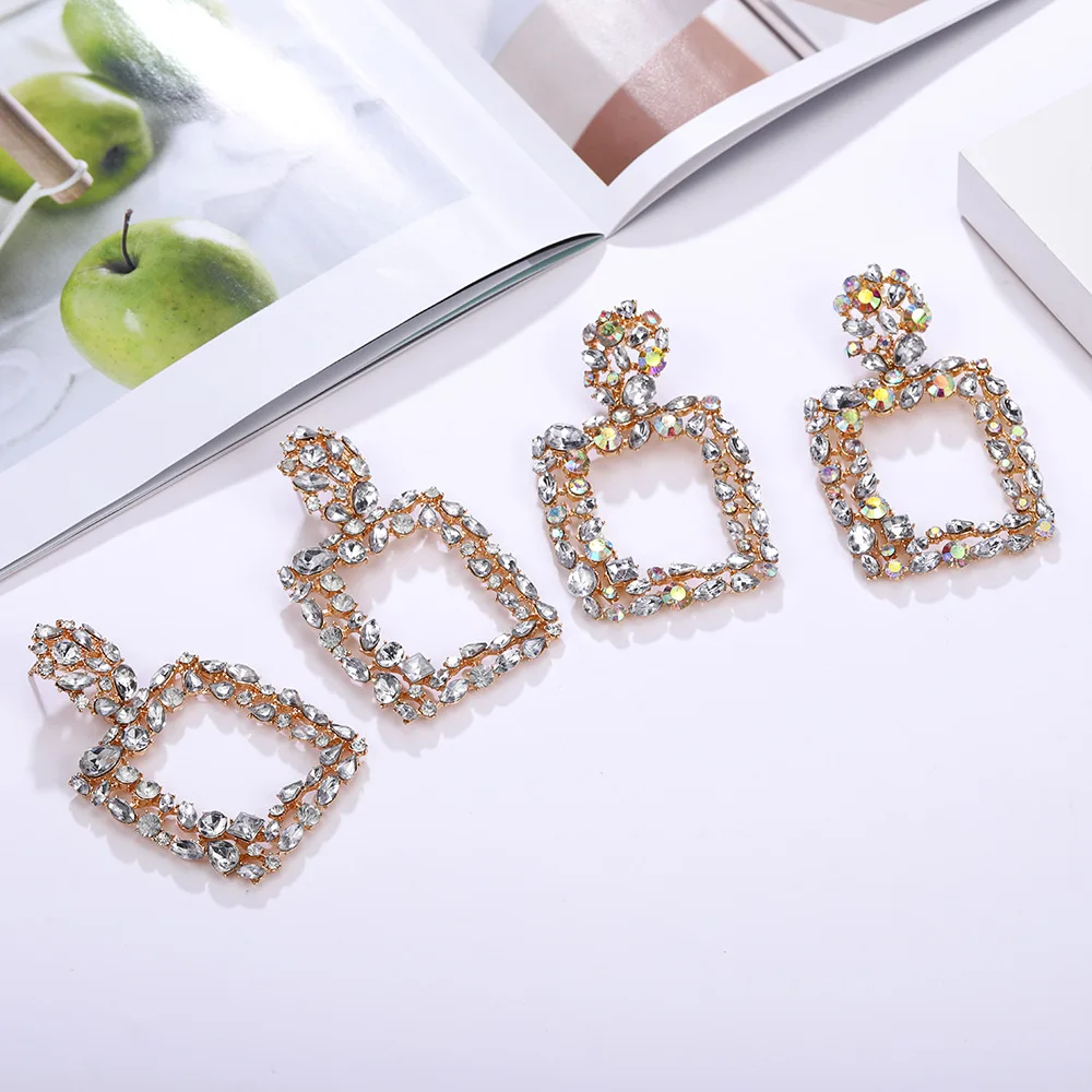 

Fashion Exaggerated Geometric Rhinestone Paved Big Earrings, Atmospheric Personality Colorful Clear Square Shape Stud Earrings