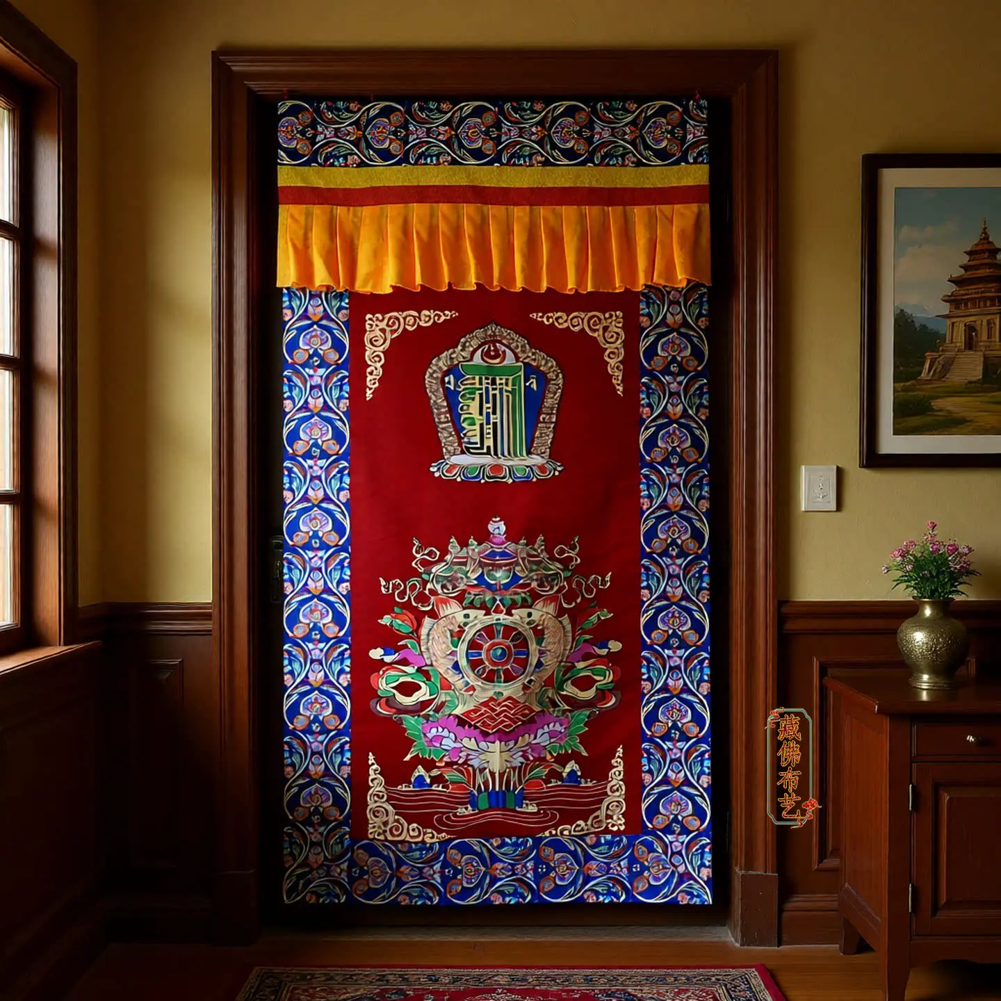 Tibetan Pattern Jacquard Door Curtain Thick Double Layer Single Sided Design for Buddhist Room Dividers, Prayer Space Decoration