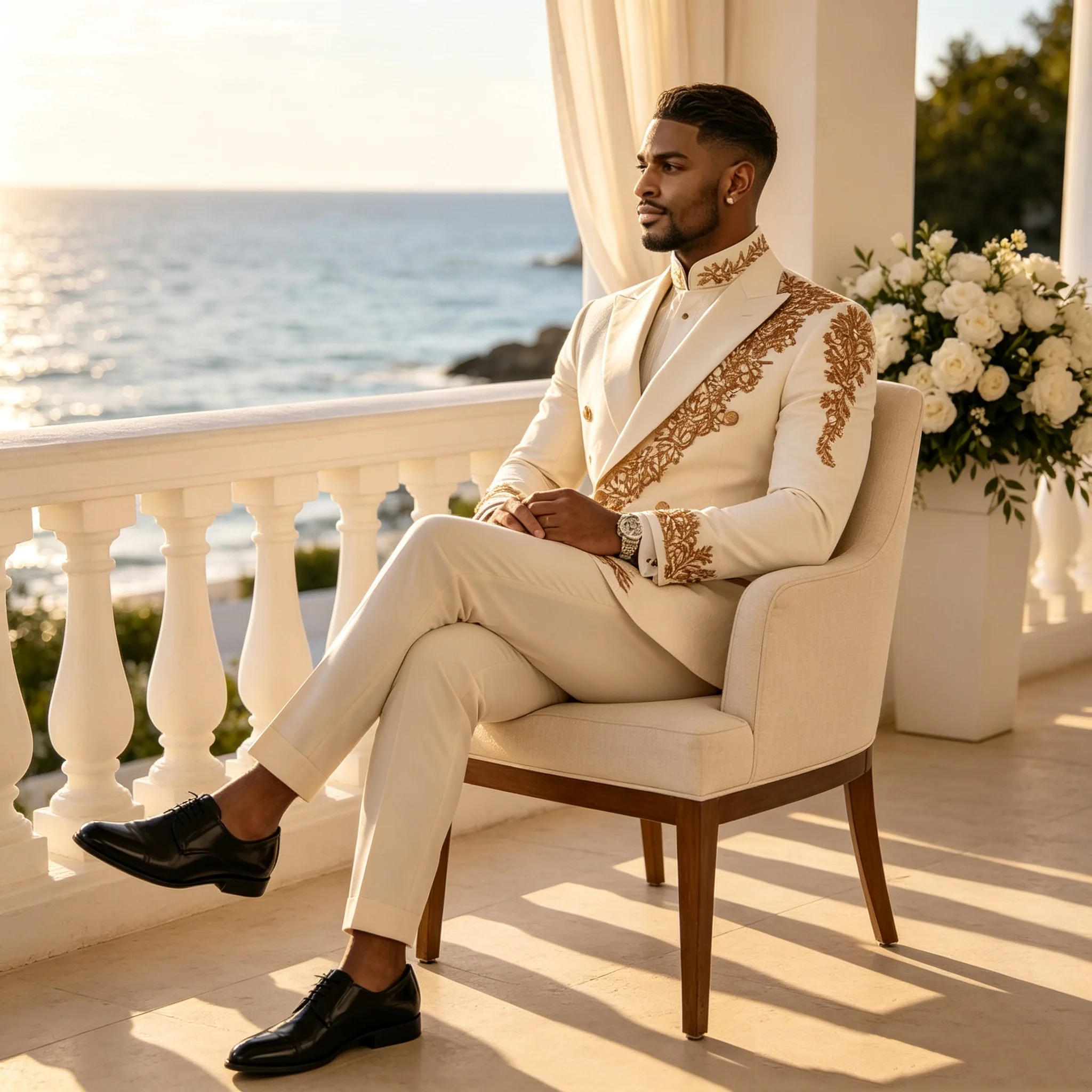 White Men Suit Set 2 Pcs Blazer+Pants Trousers Gold Appliqued Cotton Wedding Tuxedos Coat Customized Formal Office Groom Jacket