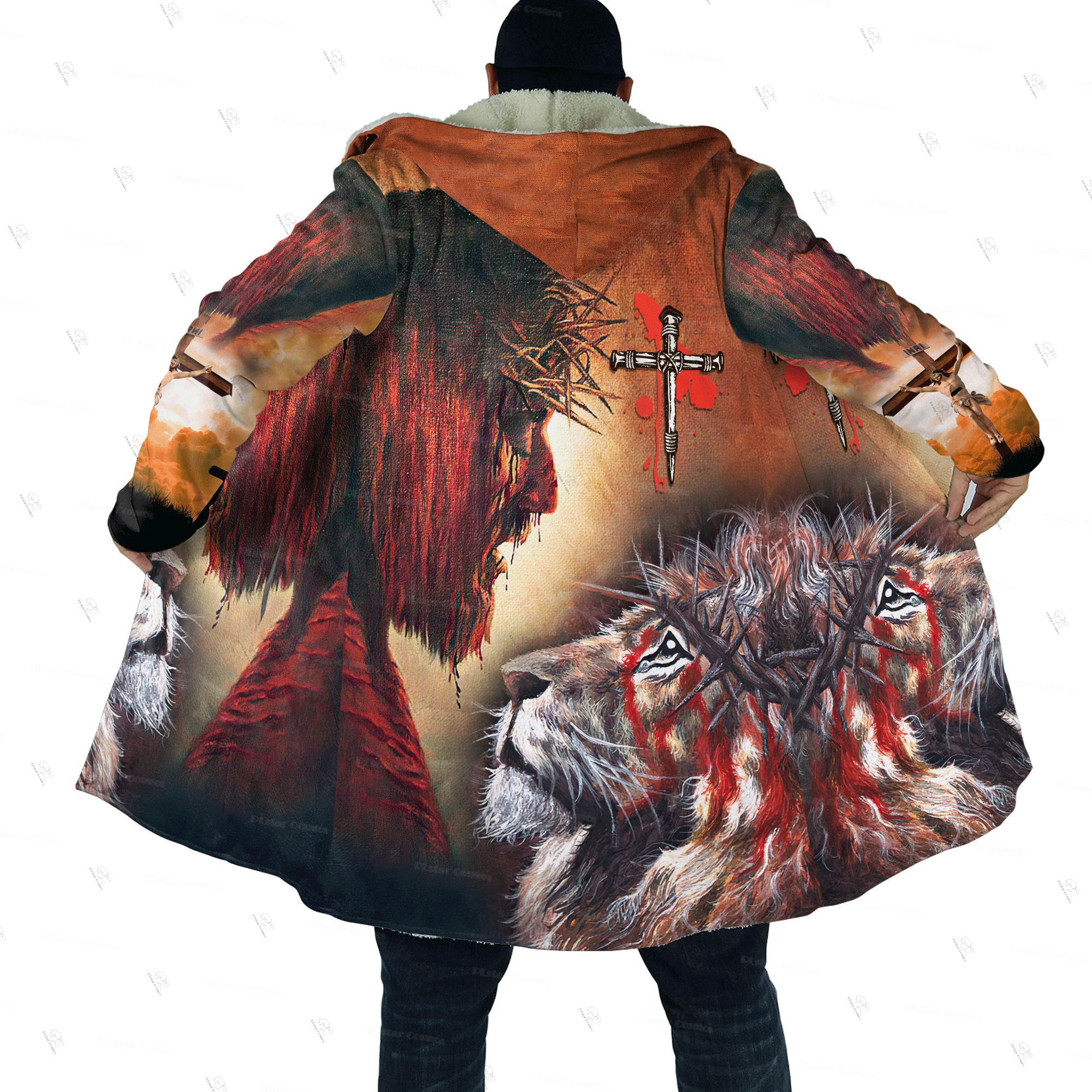 Custom Name Animal King Lion Jesus Cosplay Tattoo Vintage Retro 3DPrint Windbreaker Winter Overcoat Hoody Cloak Fleece Hoodies R