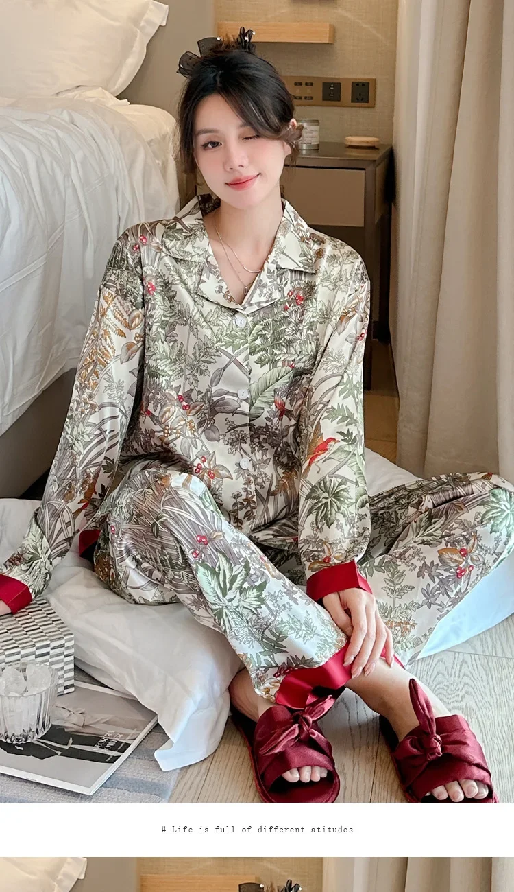 Women's Pajamas Sets Spring Autumn 2 Piece Forest Print Pyjama Faux Silk Satin Sleepwear Long Sleeve Pijama Mujer Pjs Homewear