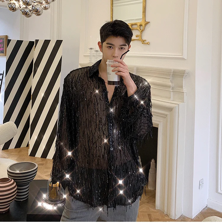 

Men's Long Sve irt Gold Eming Nightclub DJ Reflective Faion Outerwear Stand Fit Youth id Pattern