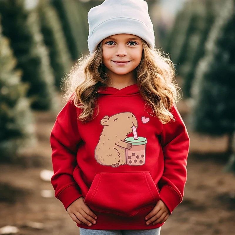 Niedlicher Capybara Loves Drinking Bubble Tea Kinder-Kapuzenpullover in Rosa und Samtpullover, Herbst- und Winteroberteile für Mädchen