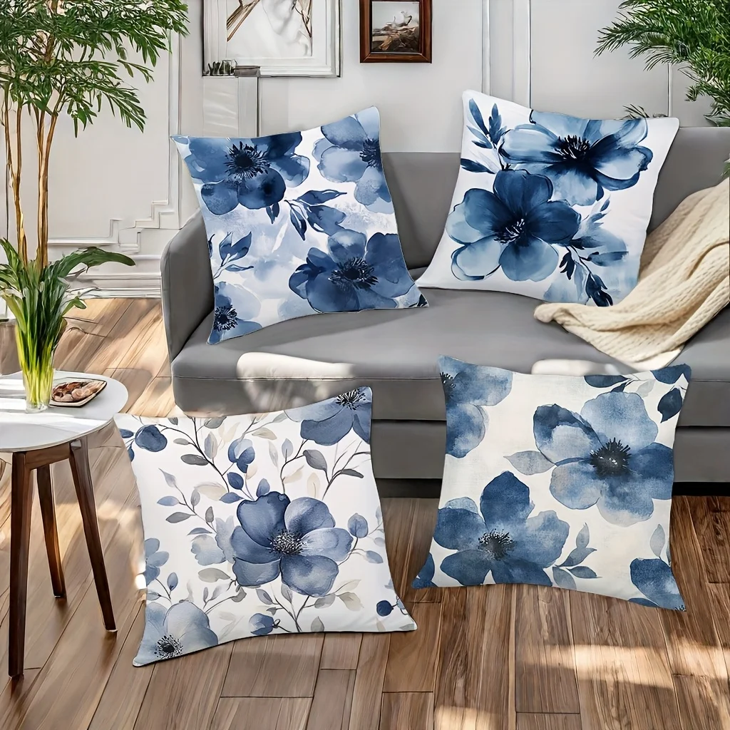 4 fundas de almohada con diseño floral Art Nouveau azul, 44,96 cm x 44,96 cm, fundas de cojín con cremallera de poliéster tejido