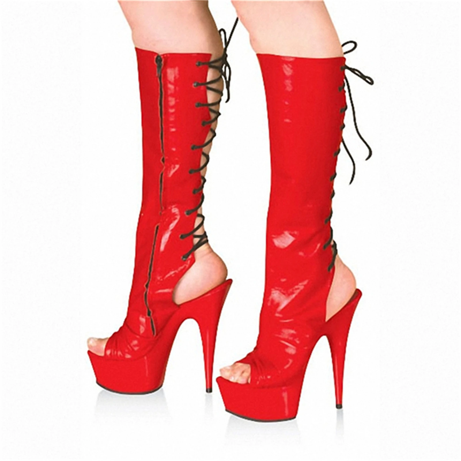 

​15CM Extreme Heel Ankle Boots Bright Red, Patent Leather Peep Toe Platform Pumps with Ankle Strap & Cut-Out Design, Modern Fet