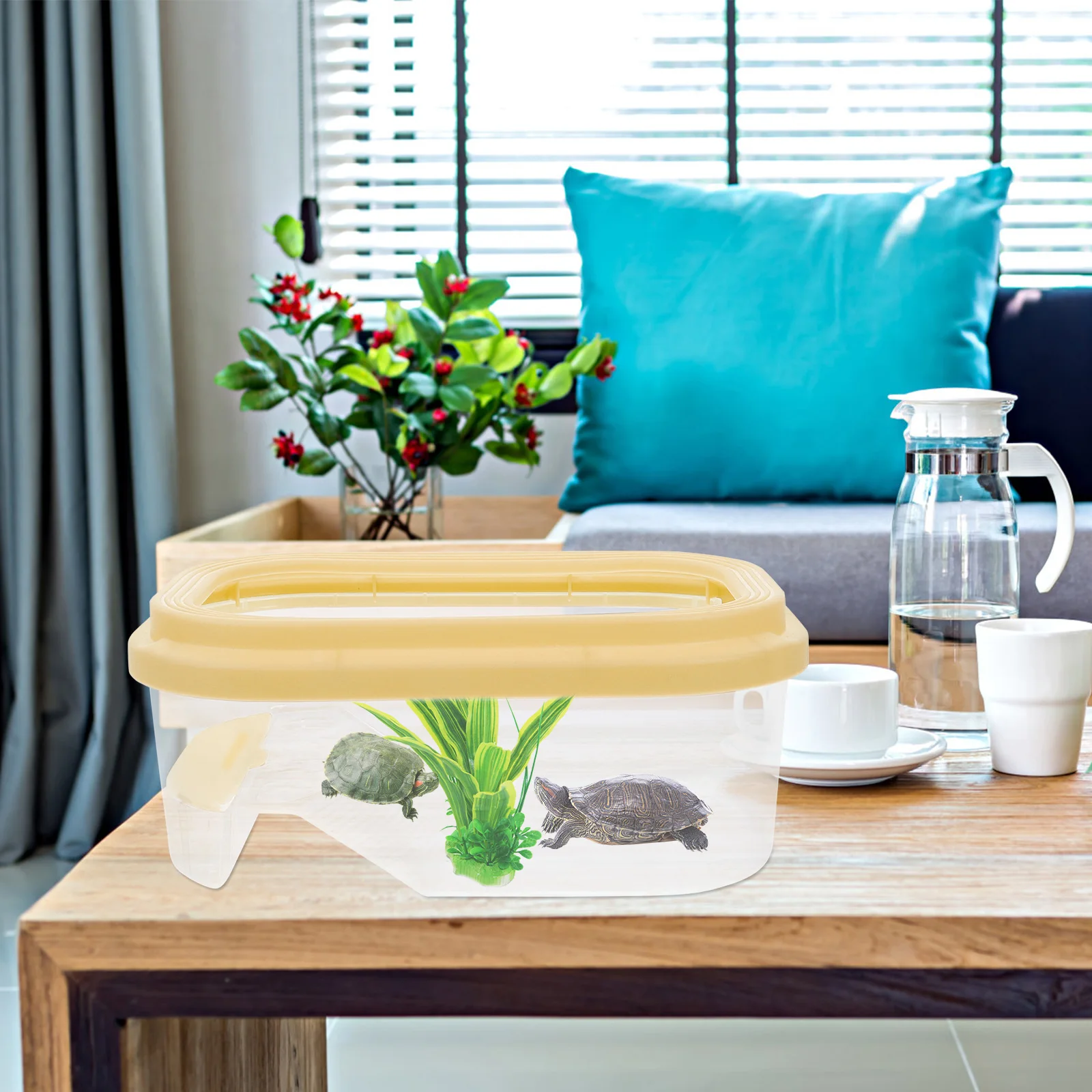 

1pc Plastic Turtle Terrarium With Ramp Feeding Trough Swimming Area Leach Water Layer Indoor Tortoise Habitat For Turtle Breed