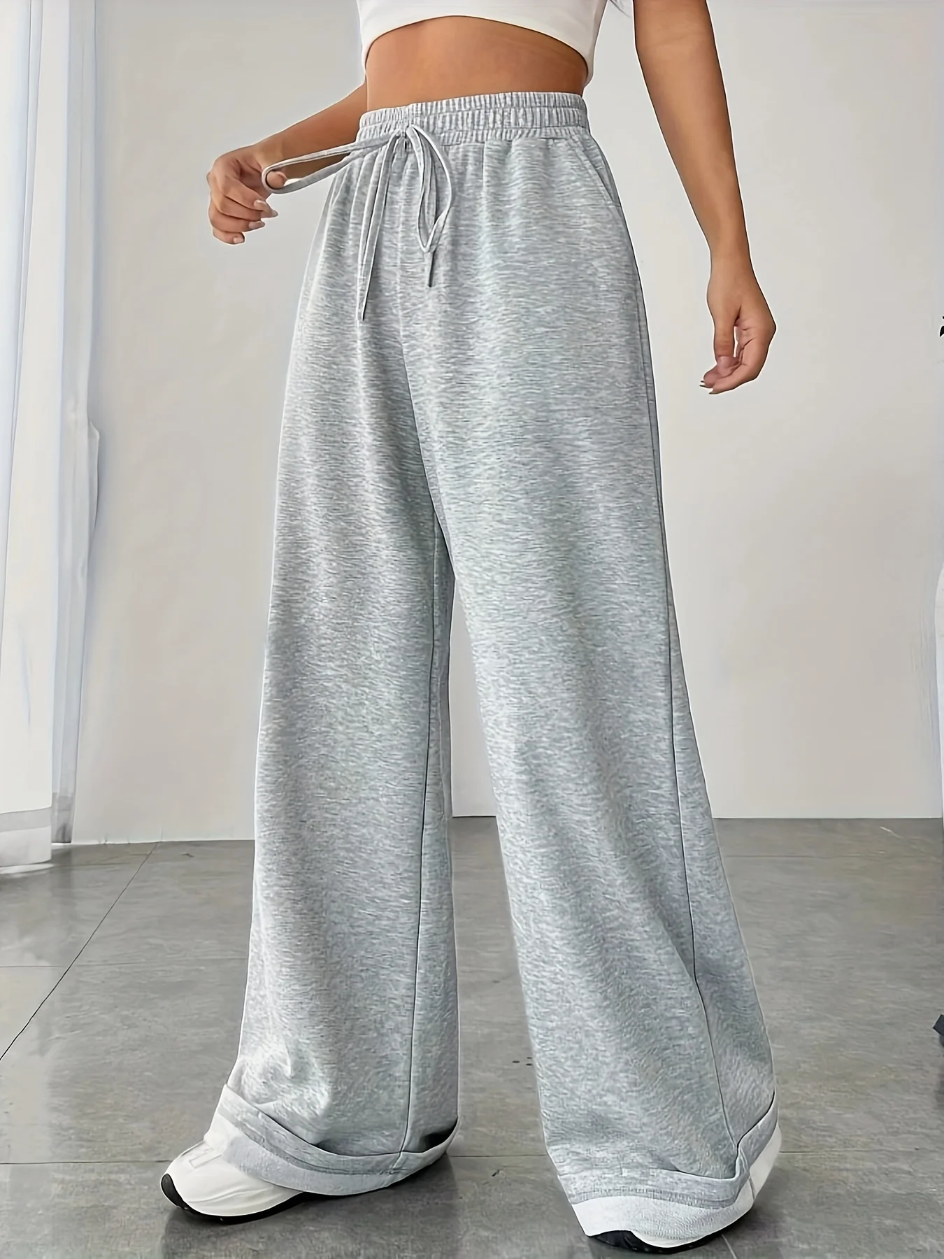 Hot Selling European and American Women's Fashionable Fake Drawstring Waist Wide Leg Sports Pants