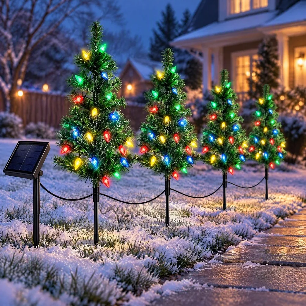 4PCS Solar Powered Christmas Tree Lights Outdoor Waterproof Green Plastic Holiday Decor For Yard Party Festival String Lights