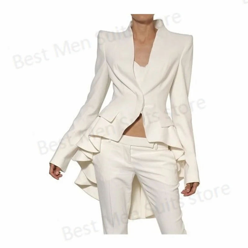 White Hi-Lo Women Suits Set For Wedding Ruffles Hem Jacket+Straight Pants 2 Pcs Blazer Formal Tuxedo Prom Dress Custom Made