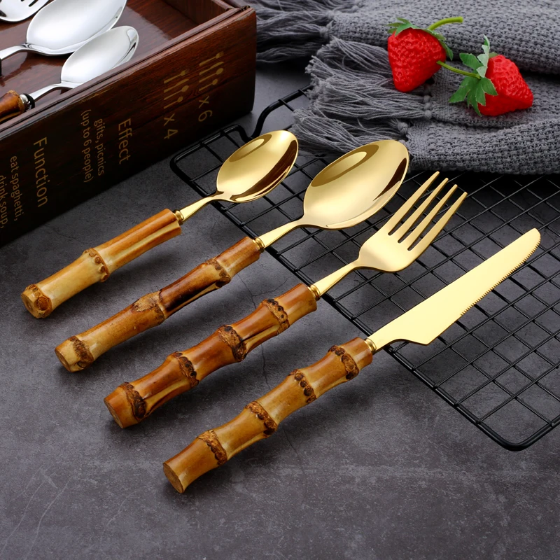 

4Pcs Bamboo Tableware Set Gold Stainless Steel Steak Knives Forks Tea Dessert Spoons Nature Handle Cutlery Luxury Dinnerware Set