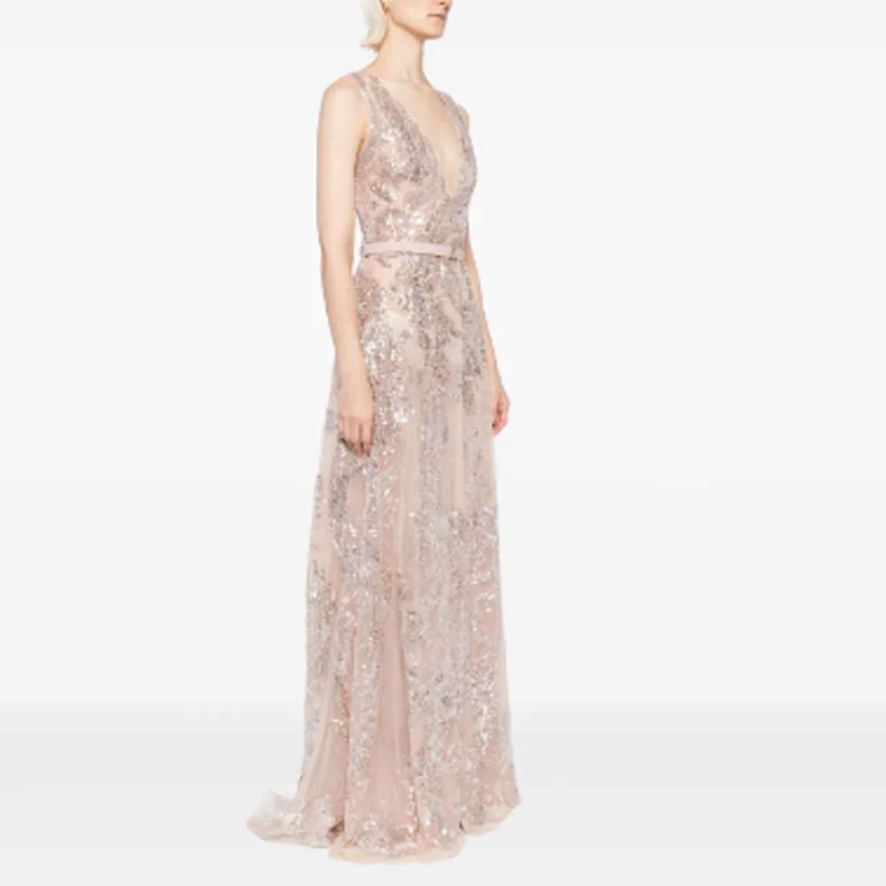 

Customized Luxury Deep V-Neck Sequins Appliques Evening Dress Women Elegant A Line Long Party Gowns