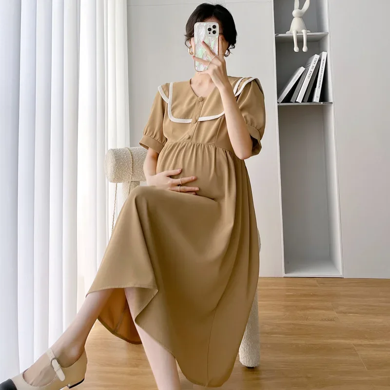 Nursing Dress for Mommy 2022 Summer New Fashion Simple Sweet Pregnancy Clothes Plus Size Elegant Solid Color Maternity Dresses