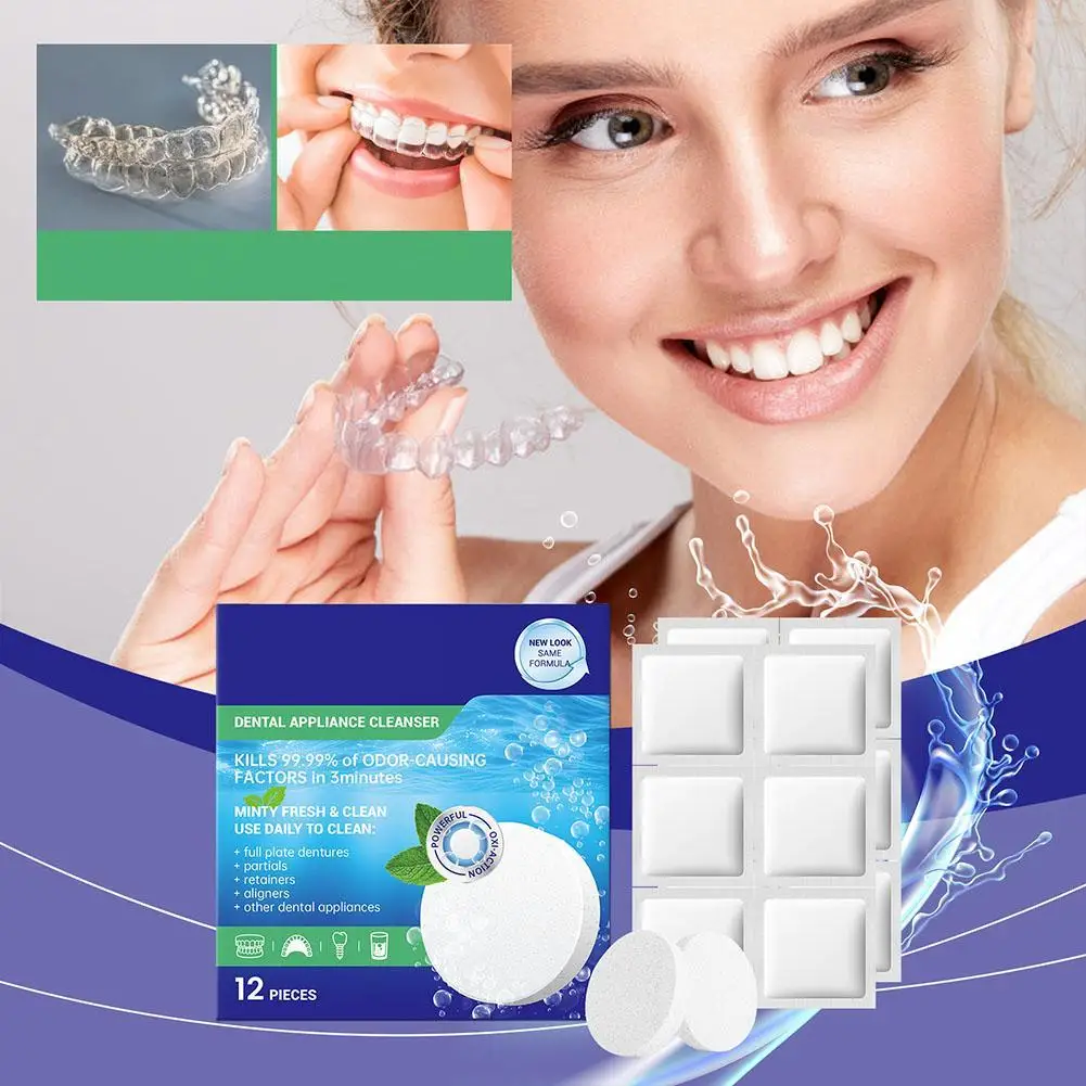 12PCS Denture Cleaning Tablets Efficient Removes Odor Oral Cleaning Retainer Cleaner for Aligner Mouth Night Guard