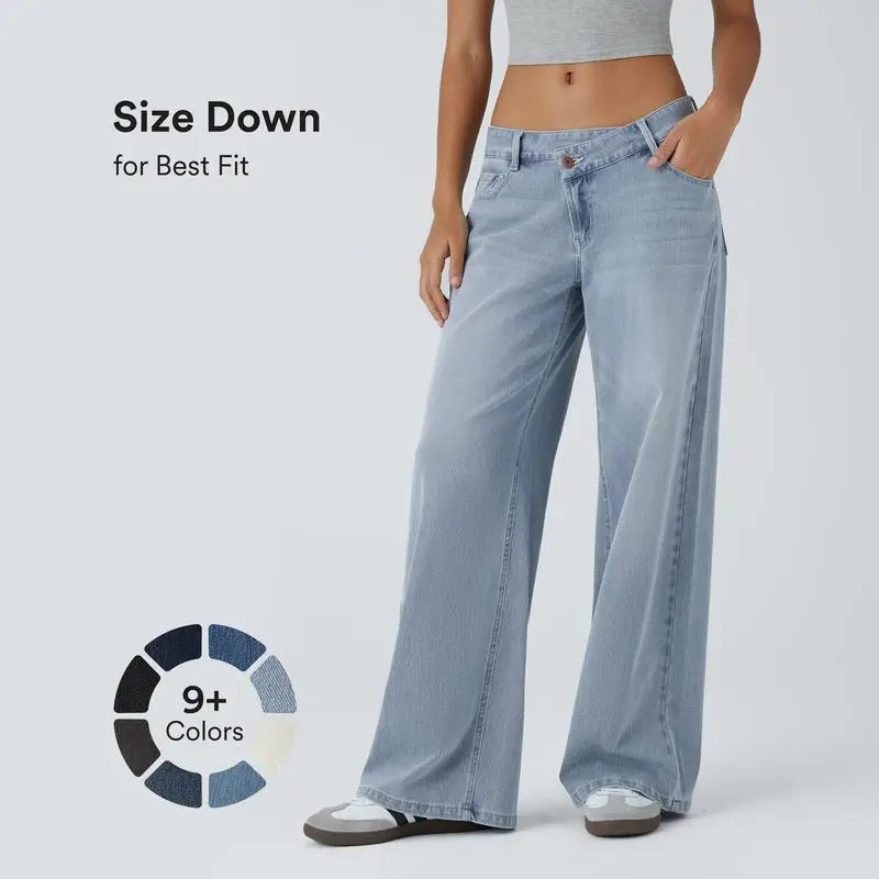 Irregular Asymmetric Low Waist Denim Jeans for Women, Slanted Button Detail