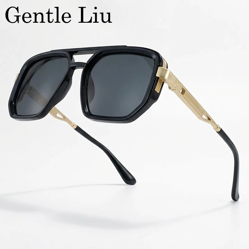 

2026 Luxury Brand Square Polarized Sunglasses Men Vintage Double Bridge Sun Glasses Black Gold Oversized Driving Eyewear Shades