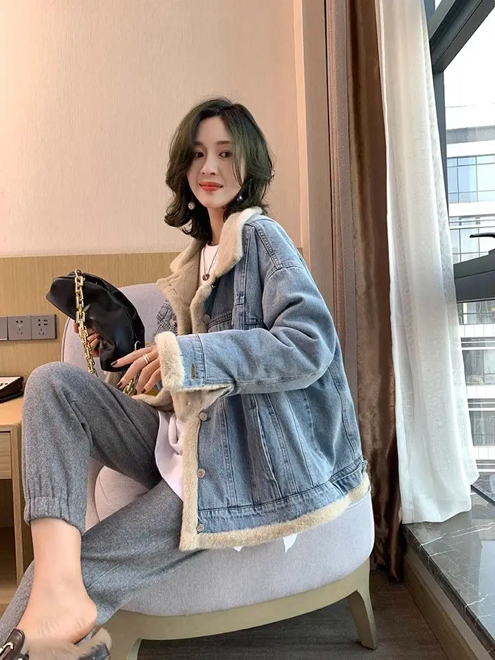 Denim Coat With Fur And Hood Plush Womens Autumn Slim-Fit Corduroy Chic Outdoor Activities Mountaineering Standneck Buttoned Y2K