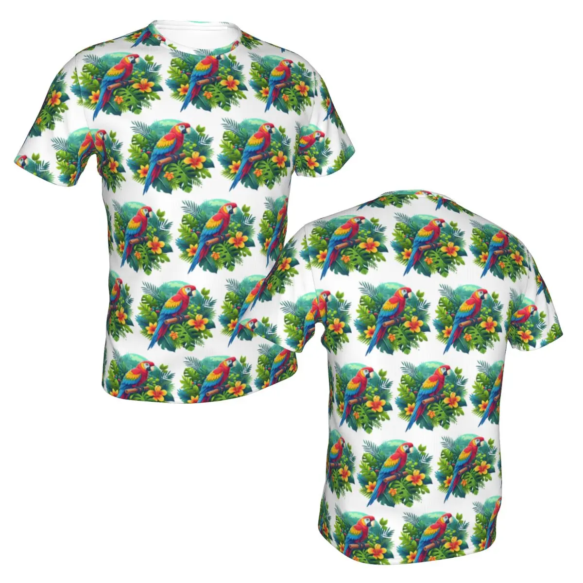 100% Cotton Colorful Tropical Parrot With Flowers Print T-Shirt Men's Fashion T Shirt Men Round Neck Summer Shirts Tops