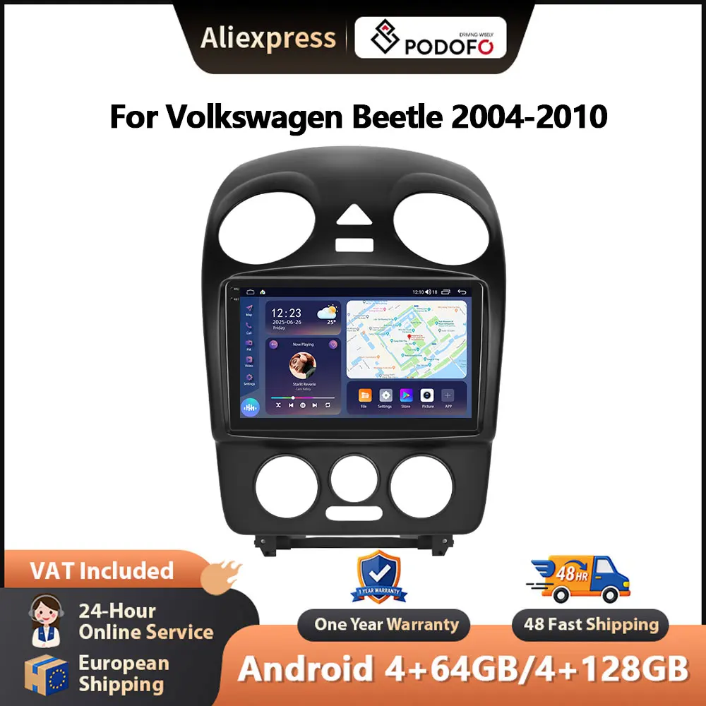 Podofo Auto-Radio für Volkswagen Beetle 2004-2010 Kabelloses CarPlay Android Auto-Multimedia-Stereo WIFI GPS 2din Radio FM/RDS