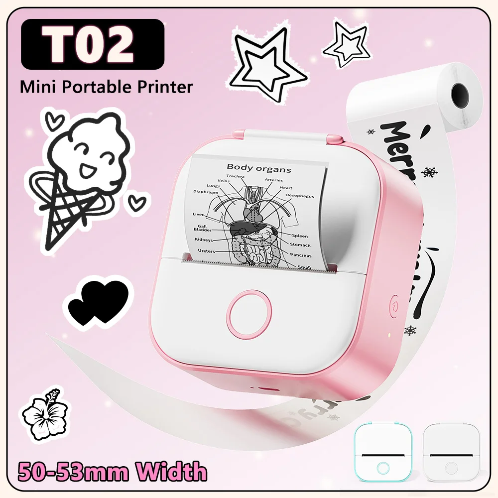 Phomemo T02 Mini Bluetooth Thermal Printer 53mm Portable Wireless Sticker Printer for Gift Label Self-Adhesive Handbook Printing