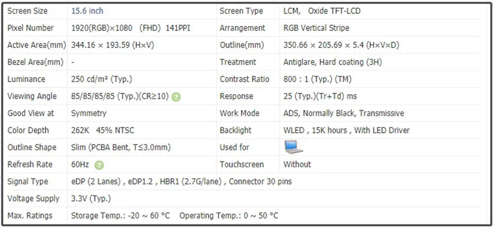 15.6 inch Laptop LCD Screen IPS Panel EDP 30Pins FHD 1920x1080 60Hz 45% NTSC NE156FHM N4X NE156FHM-N4X