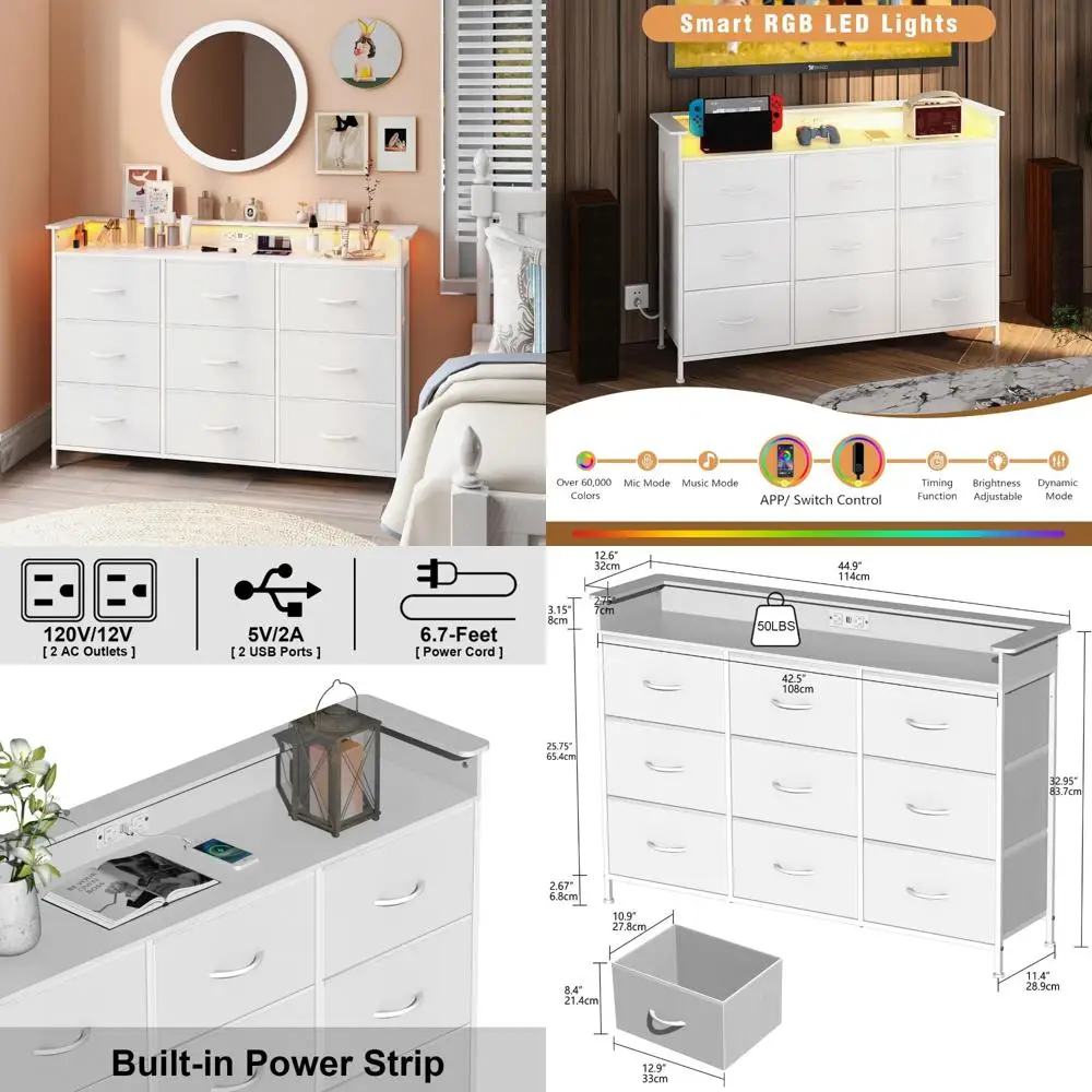 خزانة ملابس بيضاء من EXOTICA مع ضوء LED لغرفة النوم 9 أدراج مع خزانة ذات أدراج لمحطة شحن لخزانة المدخل L #1