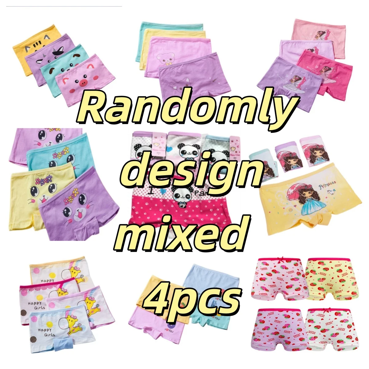 Children's 4-Pack Mixed Underwear – Girls' Cotton Cartoon Briefs & Boxer Briefs, Assorted Styles