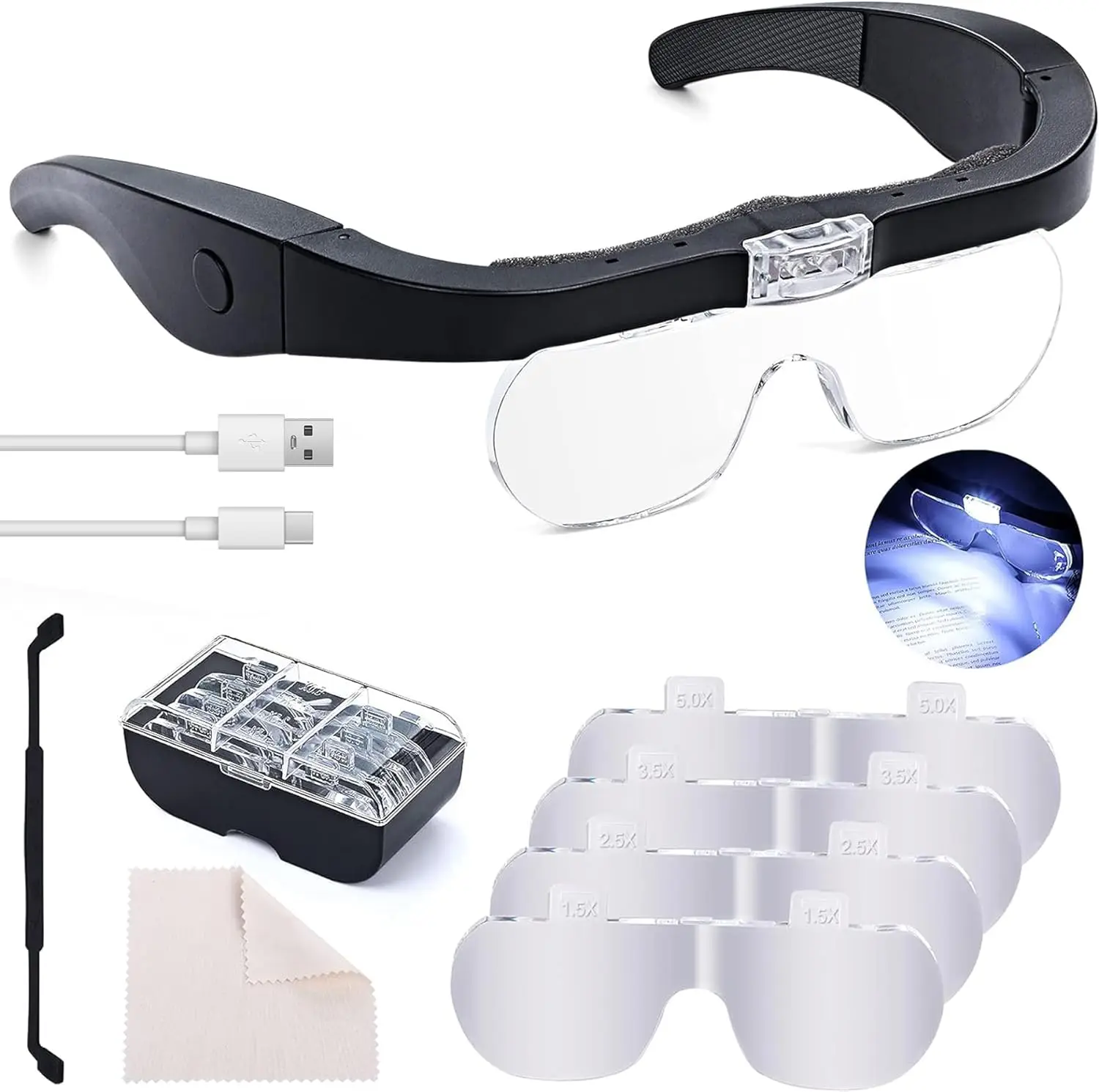 

Magnifying Glass with LED Light 1.5X- 5X Loupe Magnifier Magnifying Glasses For Crafts Reading Glasses with Hands-Free Light