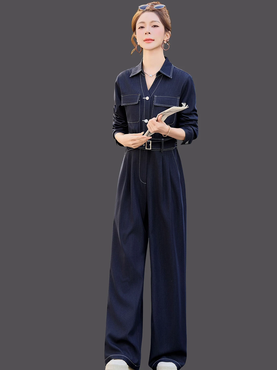 

Женские джинсовые комбинезоны Ele с воротником, широкие брюки, высокая талия, хлопковая смесь, рабочая одежда, готовые к повседневной носке, весна-осень