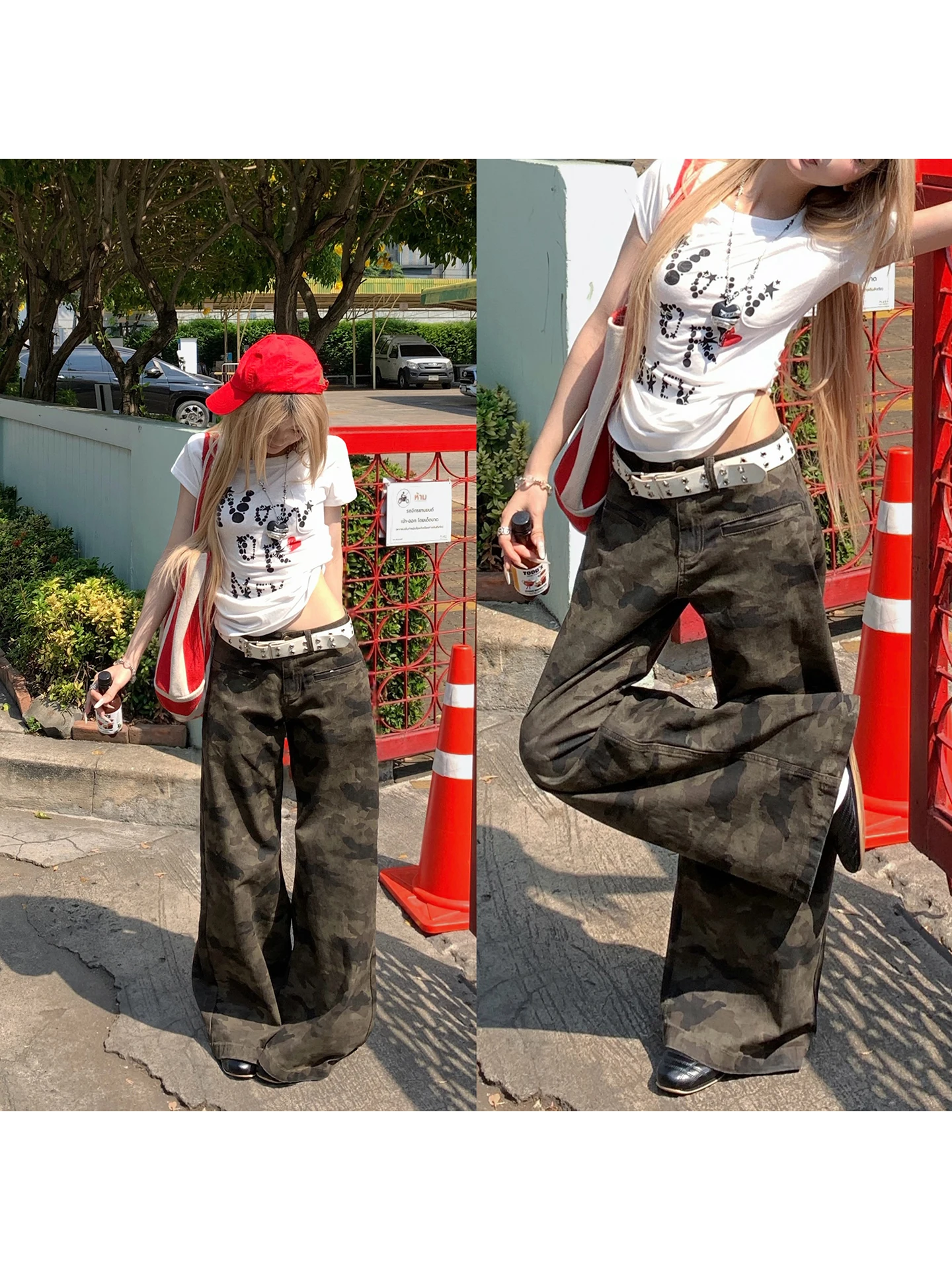 

American Sle Camouflage Wide Leg Jeans Spring Summer New Arrival High Waist Straight Cut Workwear Pants Ladies Commute Sle