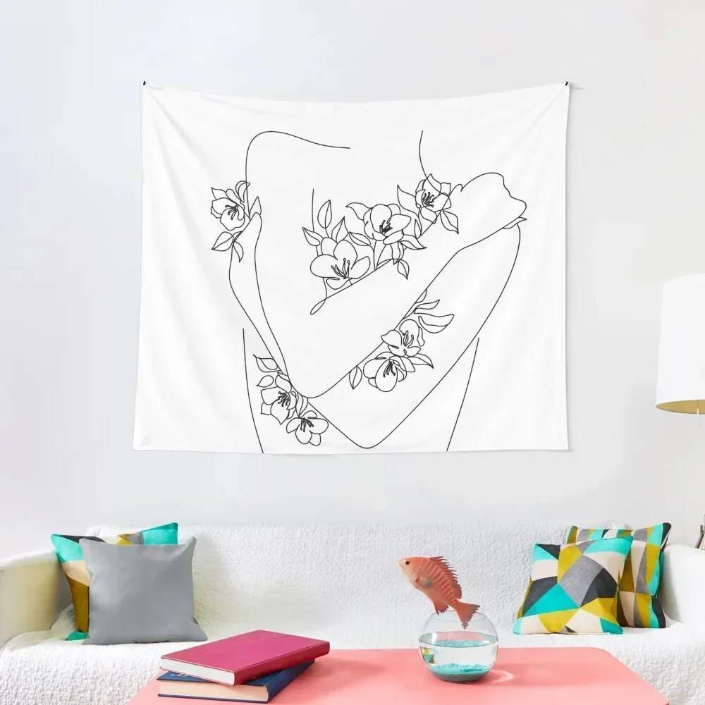 Self love. woman hugs herself, flowers grow out Line Art Print. Woman With Flowers. Nude Line Art. Tapestry