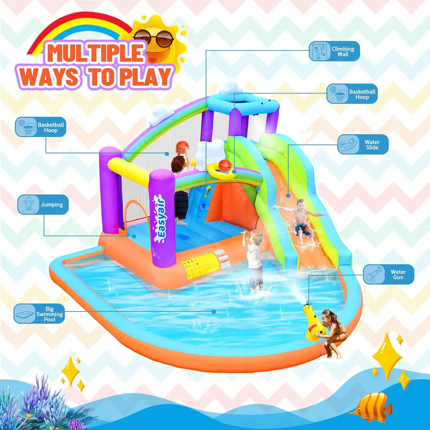 Inflatable Bounce House for Kids, 12.8 FT x 12 FT Water Slide Bouncy Castle, Rainbow Cloud Splash Pool, Jumper, Climbing Wall, 2 view 6