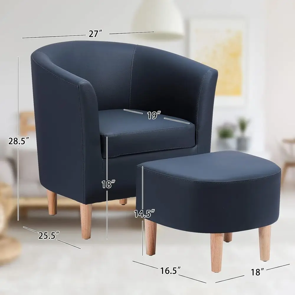 Leather Accent Chair with Ottoman aux Barrel Armchair Navy Blue | Leather Upholstered, Solid Wood Legs, Sot Cushion, ootrest, Sm