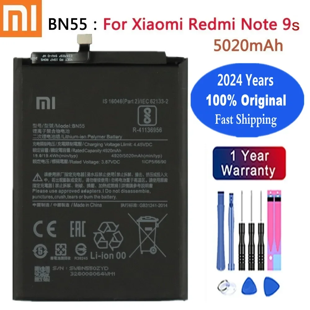 

Оригинальный аккумулятор Xiao Mi 2024 года для Xiaomi Redmi Note 9S 9 S Note9S BN55 5020 мАч, высококачественный аккумулятор для мобильного телефона Bateria