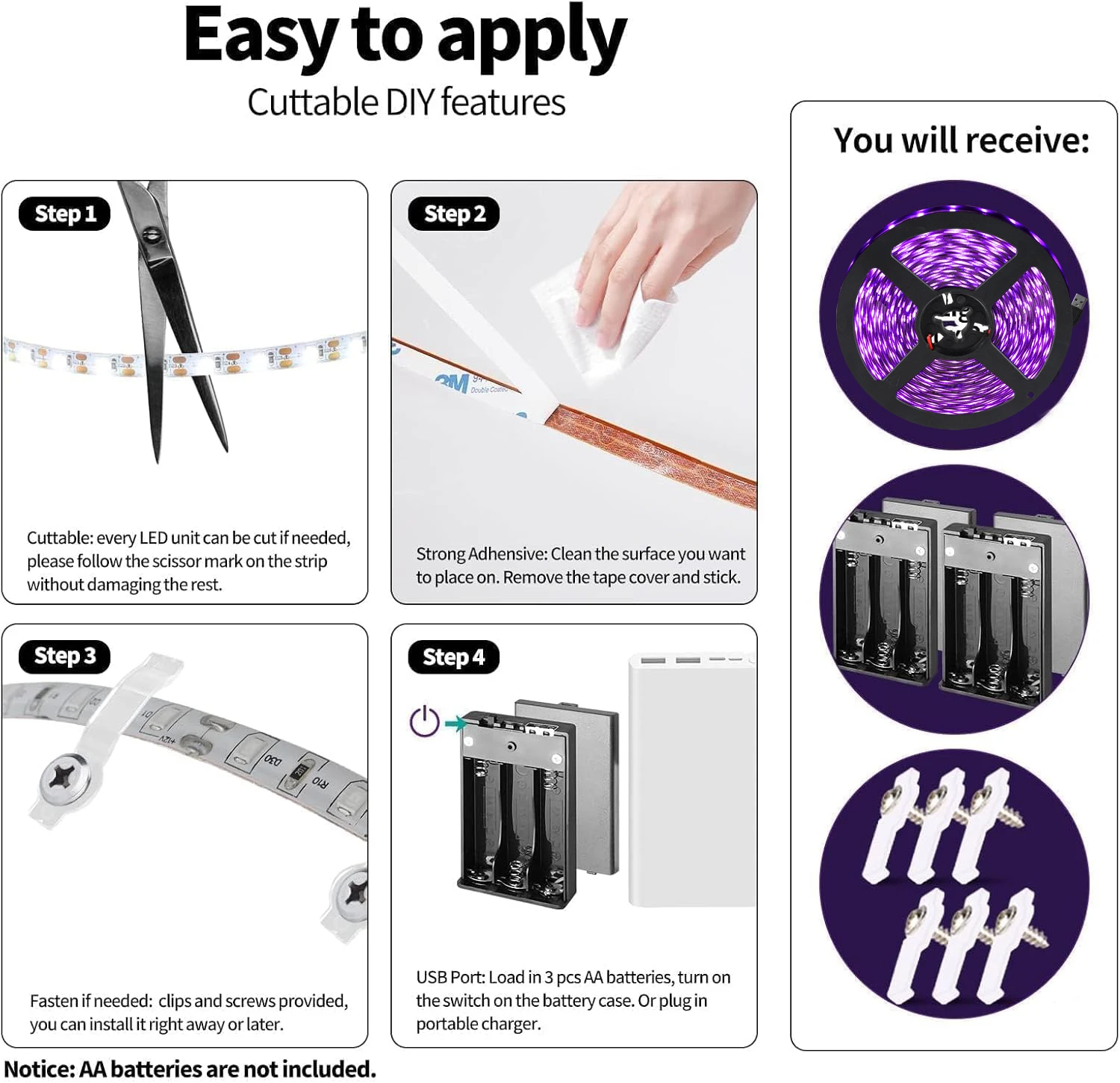 1/2/3/4/5/6pack 8.2FT(2.5M) USB  DIY LED Black Light Strip with Battery Box,  for Halloween Birthday Party Fluoresc